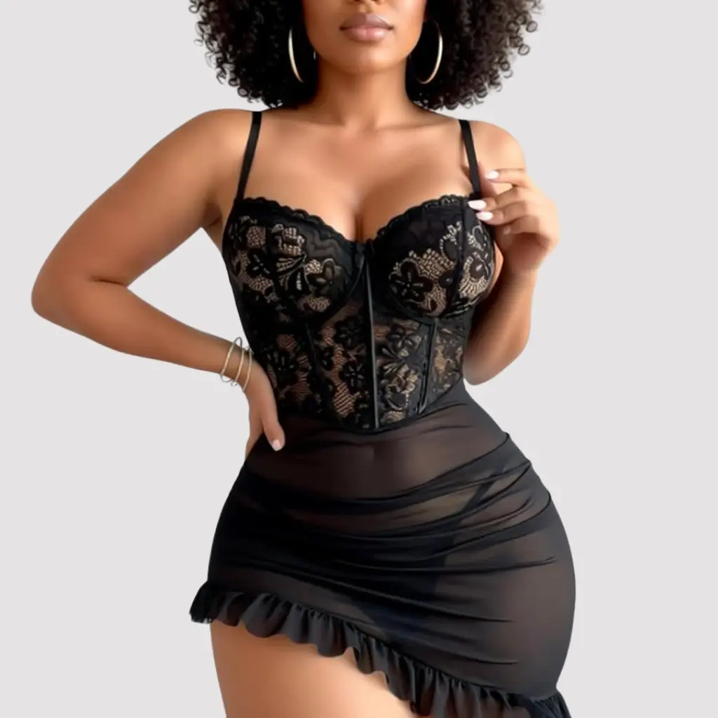 [LN-FNC-00000107] Nuisette robe -Dentelle Royale (Noir, M)