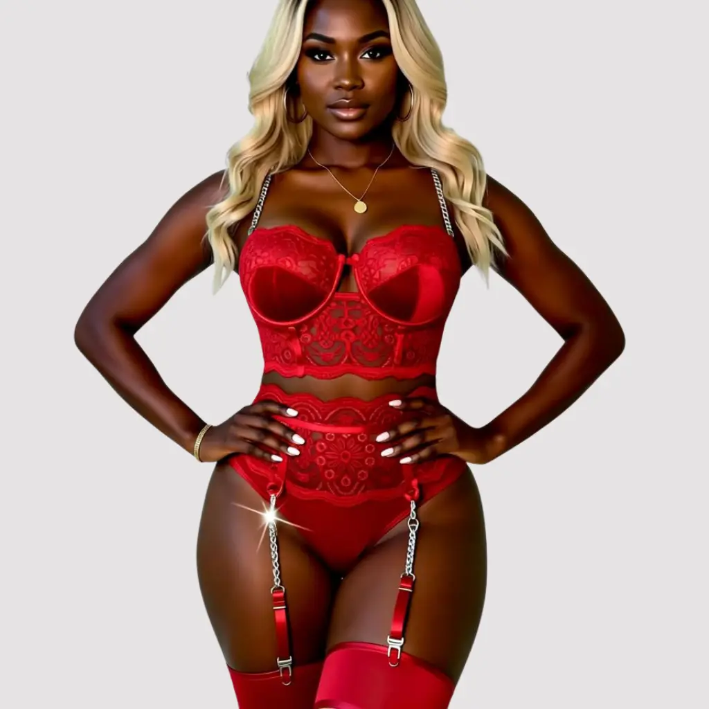 [LN-FLF-000000801] Lingerie trois pièces - Dentelle d'eveil (Rouge, L)